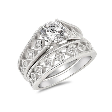 Wedding Ring Bridal Round Piece Simulated Cubic Zirconia 925 Sterling Silver